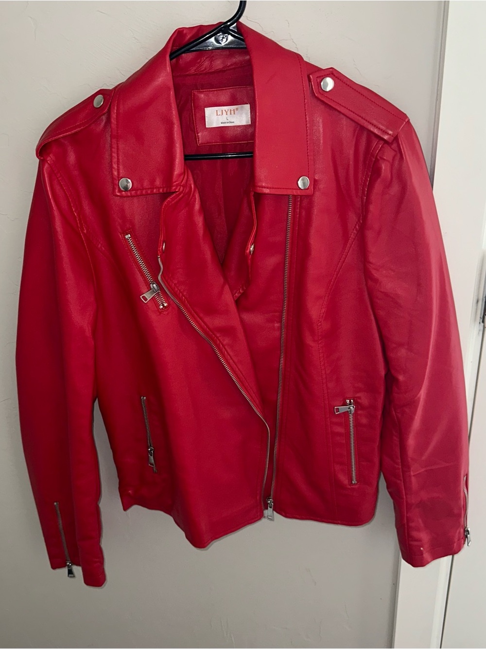 Women's Red Faux Leather Moto Jacket by